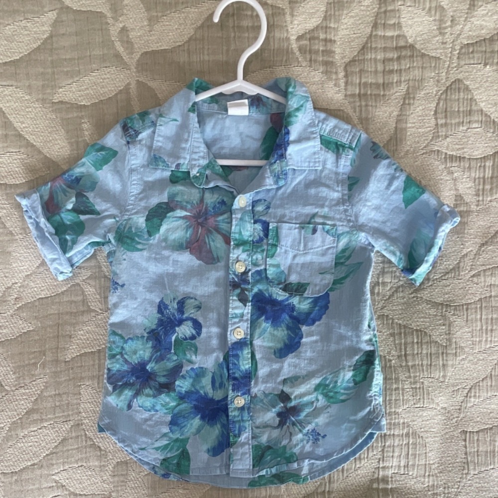 Gap Unisex‎ Toddler Button-Up Shirt 2 Years Light Blue Floral Linen Cotton
